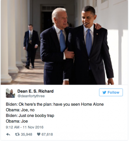 Vice President Biden hugs President Obama at the White House. We can all imagine this conversation about "Home Alone." Image source: Twitter.