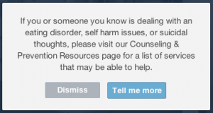 This is the message that Tumblr displays on its website when potentially harmful words are searched.