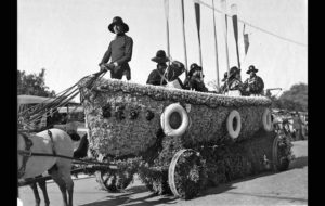 Jan. 1, 1918: The Adolphus Busch Estate float won first prize, class F, commercial float category. First prize was a $50 silver trophy and blue banner. This image was published in the Jan. 2, 1918, edition of the Los Angeles Times. Source: LA Times