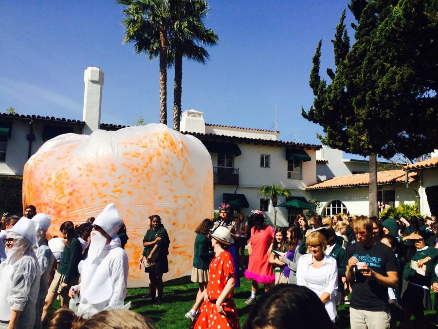 The Giant Peach towers over students in Archers courtyard.