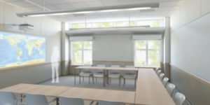 Artist rendering of a renovated classroom. The official Archer Forward  website says, "Enlarging the size of the classrooms will accommodate the current academic programs and allow more space for multiple modalities, reflecting girls’ specific learning styles." Courtesy of archerforward.org