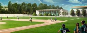 Artist rendering of view from softball field to new multipurpose facility and renovated north wing. Courtesy of archerforward.org
