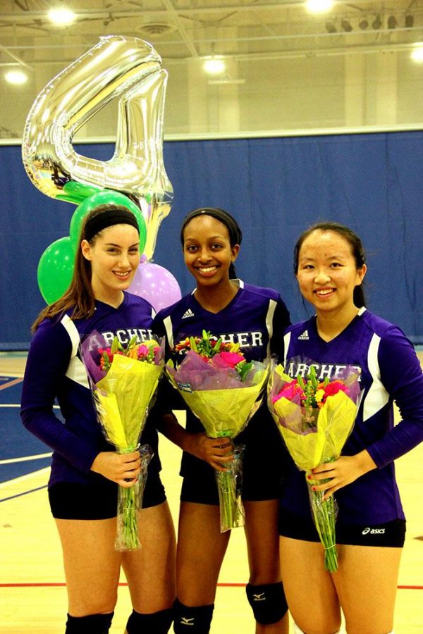 Three seniors at Volleyball Senior Night (from left to right): Ava Mandelbaum, Lauryn Brame, and Julia Chen. Photographer: Marlee Rice