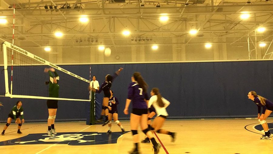 Lauryn Brame 15 spikes the ball for the kill in game against Providence. Photographer: Haley Kerner 16