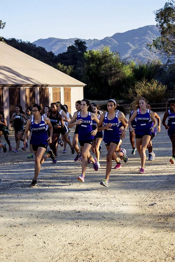 Varisty Cross Country takes off from the starting gate at the beginning of the race. They placed second in the meet at Viewpoint. Photographer: ShiShi Shomloo 15