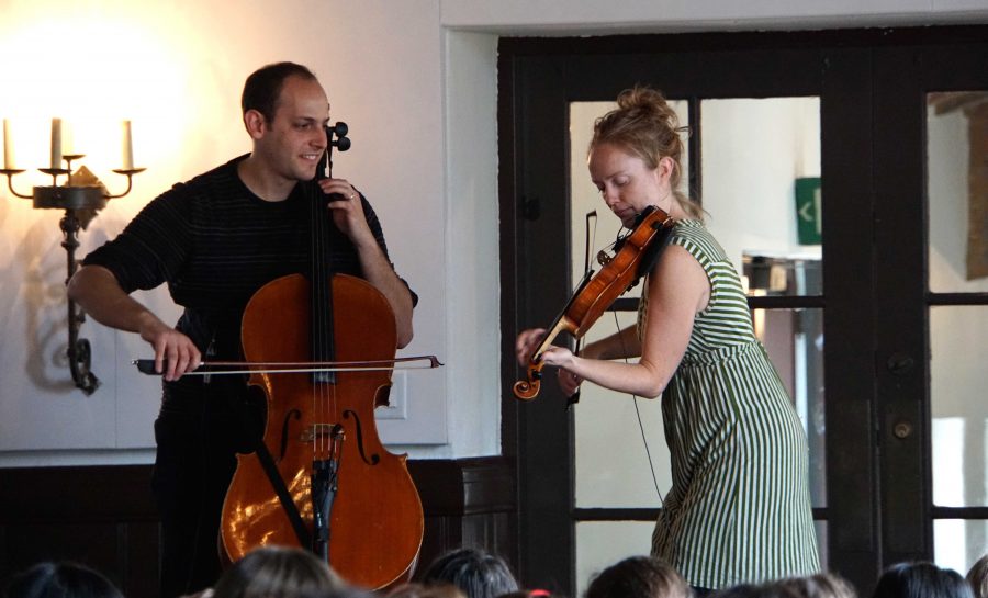 Fiddler Hanneke Cassel and  cellist/vocalist Mike Block perform for the Middle School on Jan. 30. Photographer: Syd Stone 16