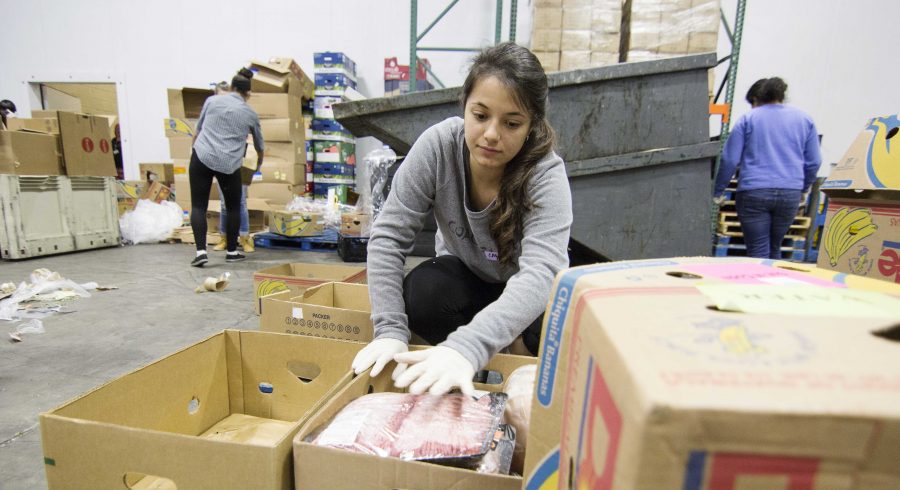 Camila Gazcon 15 packages food for underprivileged communities at the Los Angeles Food Bank. The Los Angeles Regional Food Bank distributes free food to 825 children per week at seven schools in L.A. Unified and Compton Unified School Districts, according to its website. 