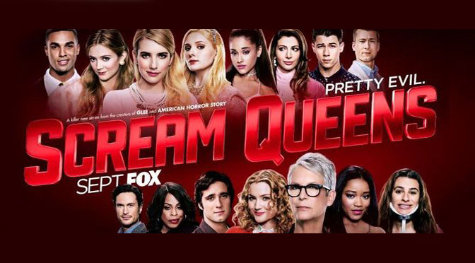 A promotional poster for the show. The Scream Queens cast includes Emma Roberts, Lea Michelle, Jamie Lee Curtis and more. Promotional poster created by Fox. 