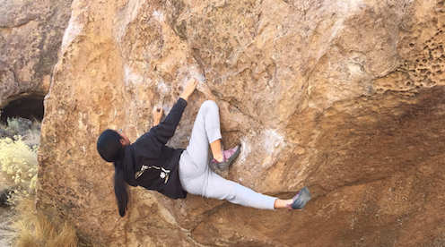 Elizabeth Endo 18 climbing in Bishop, CA. She has won five regional championships and one divisional championship. Photograph courtesy of Endo.
