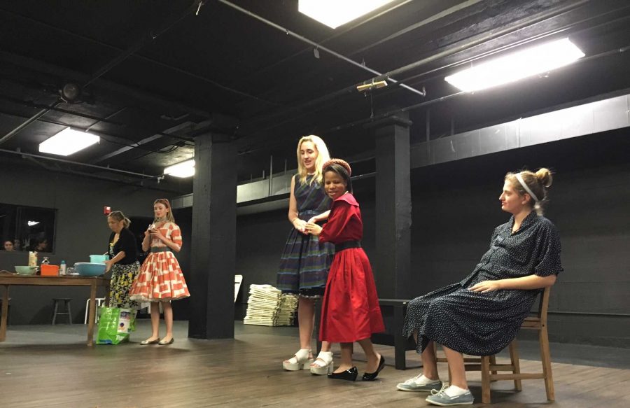 Drama Queens women in 50s comedy performance with special guest star Samantha Coyne. From right to left: Sara Friedman 18, Jayla Brown 18, Harley Smith 17, Uma Halsted 18, and Ms. Coyne.