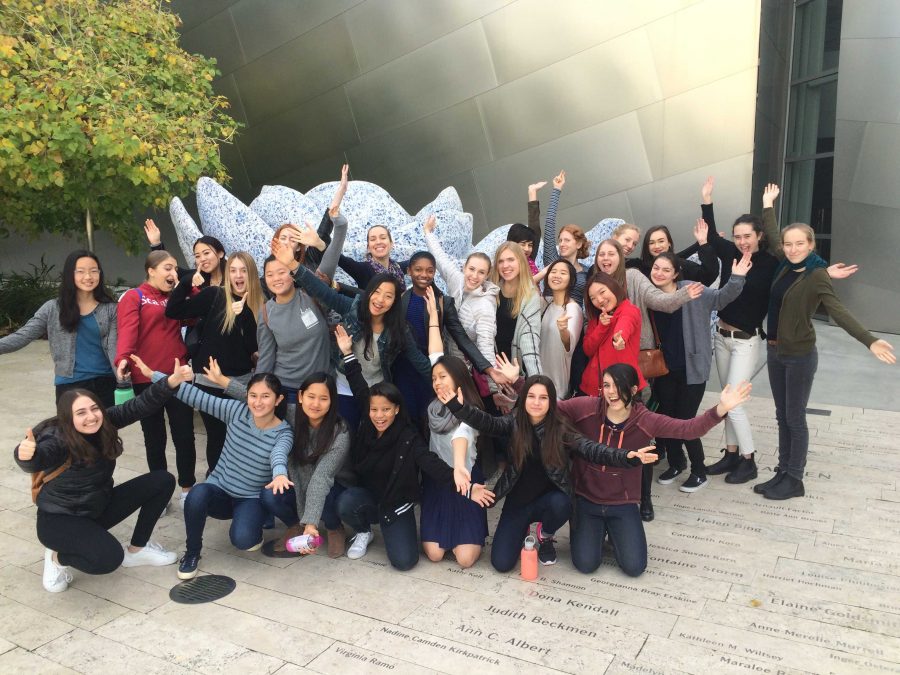 The Archer Orchestra poses together in Downtown LA during their visit to the Walt Disney Concert Hall. The group listened to and worked with the Los Angeles Philharmonic. 