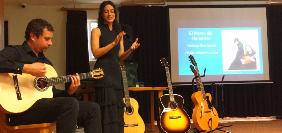 Ben Woods and Arlene Hurtado perform for Archer Spanish students. The duo performed three songs and spoke about the music that they create.
