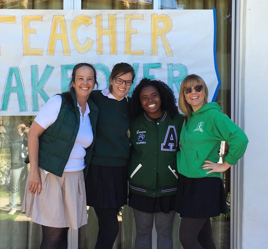 Teachers from left to right, Valerie Yoshimura, Meg Shirk, Amelia Mathis and Hanna Shohfi, dress as students for Spirit Week. At Archer, teachers are expected to participate outside the classroom too; Many coach sports, attend NOLS trips and advise clubs. 