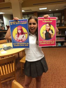 Talia Goodman '17 poses with her campaign posters for the spring 2016 campaign season. Photo courtesy of Talia Goodman '17. 
