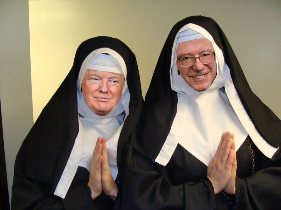 An image of presidential candidates Donald Trump and Bernie Sanders as nuns. Photo of nuns from Ann Hatch and photo illustration by Sarah Walston 17.