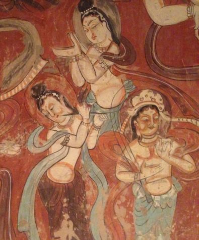 Painting of three women on the walls of Cave 275. Cave 275 is one of 500 hillside caves, which make up the Mogao Grottoes. 