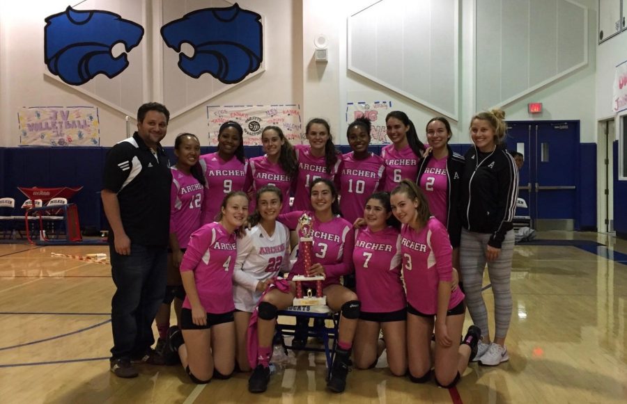 Varsity+volleyball+team+celebrates+their+first+place+victory+at+the+Willcats+Dig+Pink+Tournament.+Co-captain+Sophie+Smyth+17%2C+number+2%2C+was+named+Tournament+MVP.+Photo+courtesy+of+Cat+Oriel+18.