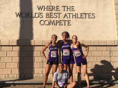 Seniors, Leyla Namazie, Rachel Pike, Kaia Turowski and Alyssa Downer pose after the MT Sac invitational. All four have been involved in Archer athletics for many years. Photo courtesy of Namazie