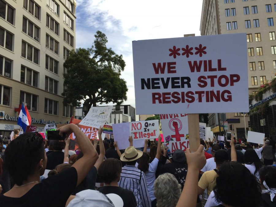 Protesters rally against Trumps election at a Nov. 12 protest in downtown Los Angeles. Around 15 Archer students attended this rally as a way to voice their political beliefs. Photo courtesy of Anabel Robertson 17