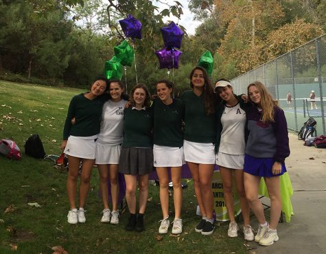 Seven seniors, Marine Yamada, Mari Goldberg, Annie Moore, Sara Rabinowitz, Liadan Solomon, Talia Natoli and Halle Jacobs, were all recognized on Senior Night, Oct 24. Solomon joined the tennis team this year, and the other six have been playing all four years of their high school career. 