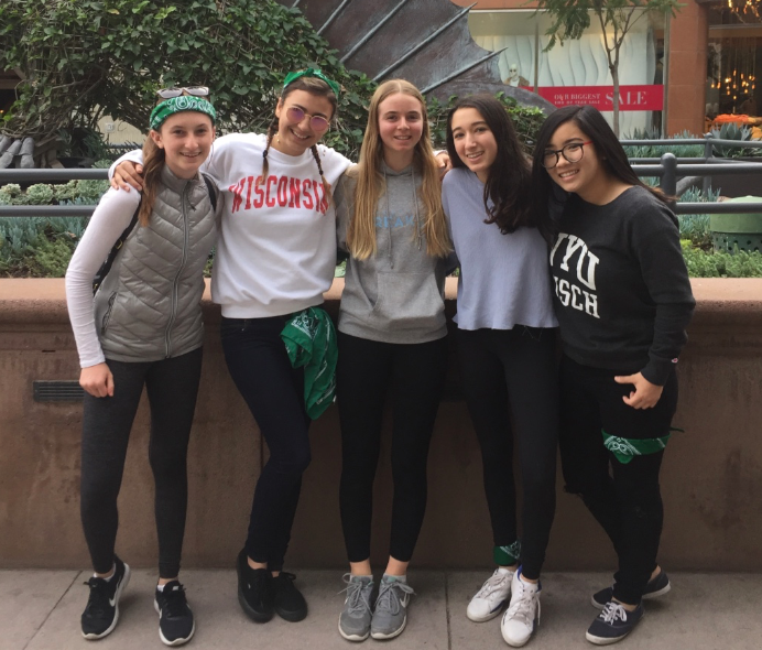 From left to right, Emily DeLossa 20, Caitlin Mosch 18, Stella Kraus 20, Ariana Golpa 20 and Ruby Colby 19 pose during the scavenger hunt. The activity was held at the Third Street Promenade. Image courtesy of Mosch.