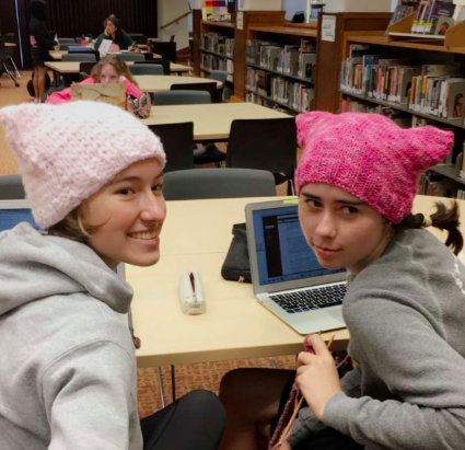 Ingrid Sant and Isabel Adler (both 17) take a break from studying in the library. 