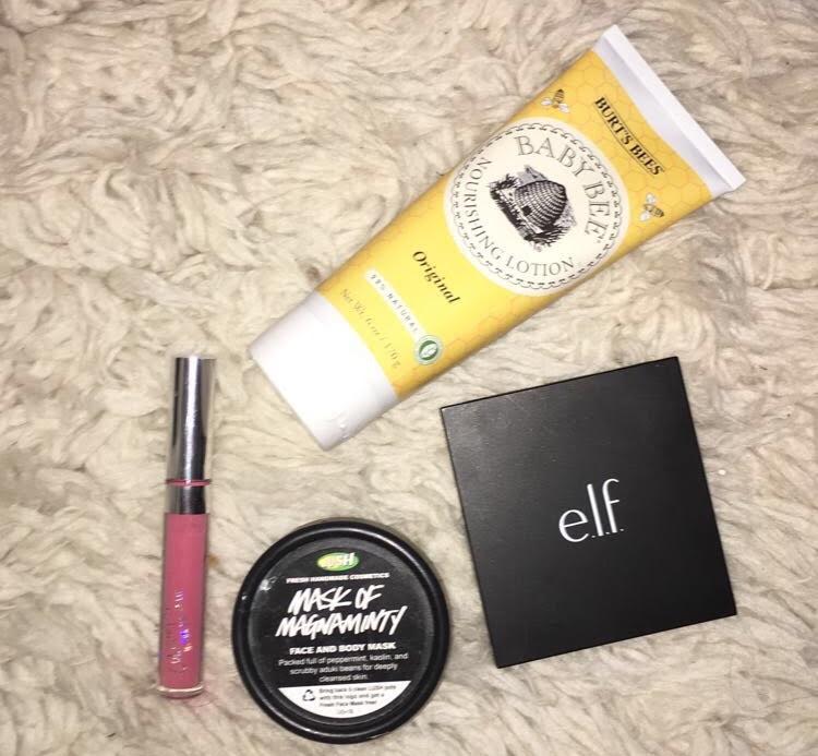 Products from ELF cosmetics, Burts Bees, Colourpop Cosmetics and LUSH cosmetics. All of these companies are cruelty free. 