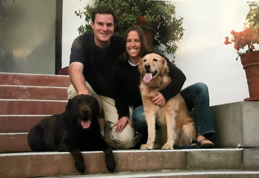 Taken in 2005, two years after they moved to Los Angeles and before they were married, Jed Donnel and Samantha Coyne pose with their two dogs on Archers front steps. They will be leaving this summer after 15 years at Archer. Photo courtesy of Donnel