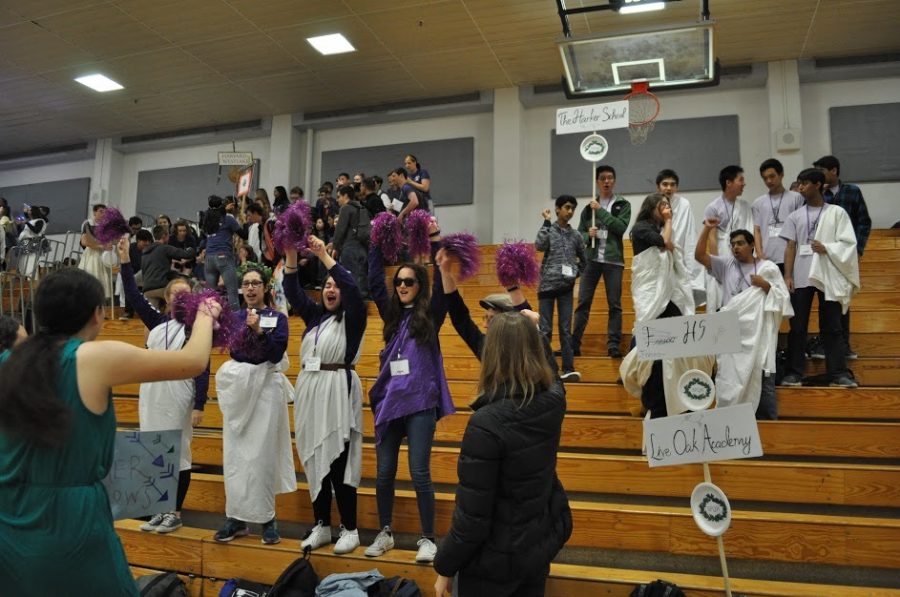 The Archer delegation cheers during the Spirit Competition at the 2017 JCL Convention at St. Ignatius College Prep in San Francisco, CA. Archer won first place among small high schools. 