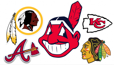 Collage of Native American mascots currently used by professional sports teams. The NFLs Redskins (top left) and Chiefs (top right), the MLBs Braves (bottom left) and Indians (center) and the NHLs Blackhawks (bottom right) all use harmful Native American logos. Image source NFL, MLB and NHL.