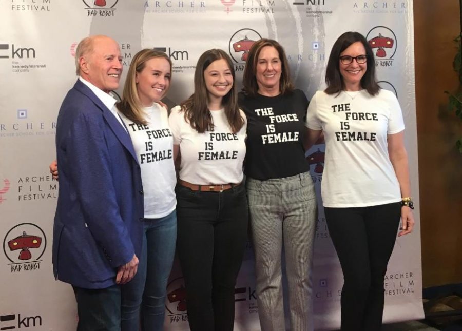 Frank Marshall, Billie Wakeham 17, Alex Sherman 17, Kathleen Kennedy and Elizabeth English pose for a photo at the film festival. Kennedy was the keynote speaker at this years film festival.