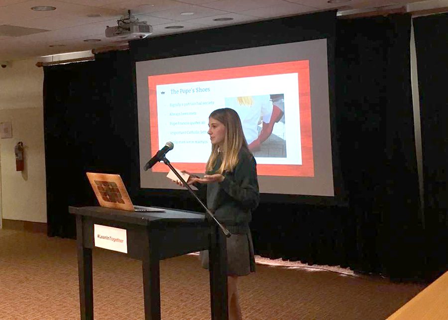 Hannah Greenwald 17 presents her original work at this years Humanities Honors Symposium. Her presentation was entitled Sanguine Oppression: The Color Red as a Symbol of Patriarchy. 