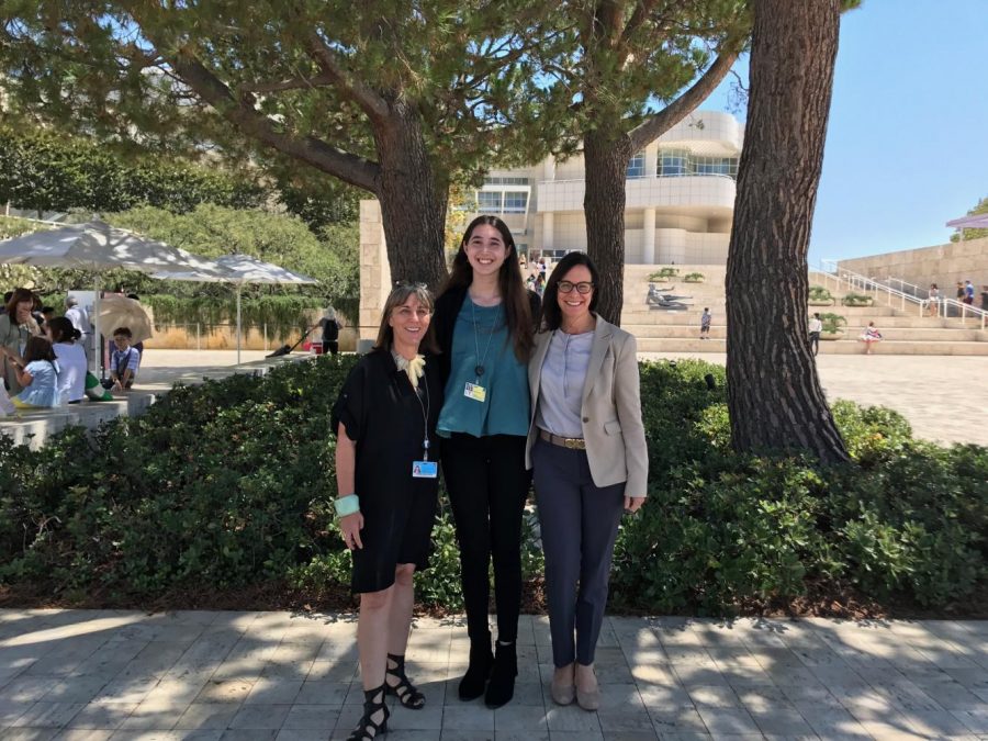 Susan MacDonald (Lucia Barker 18), Elyse Pollack 18 and Elizabeth English pose for a photo outside the Getty. Pollack interned at the Getty Conservation Institute with Macdonald, who is the Head of the Building and Sites Department. Image courtesy of Pollack.