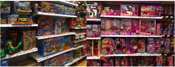 Toys in the boys aisle versus girls aisle. The difference in selection negatively reinforces gender roles starting at an early age.