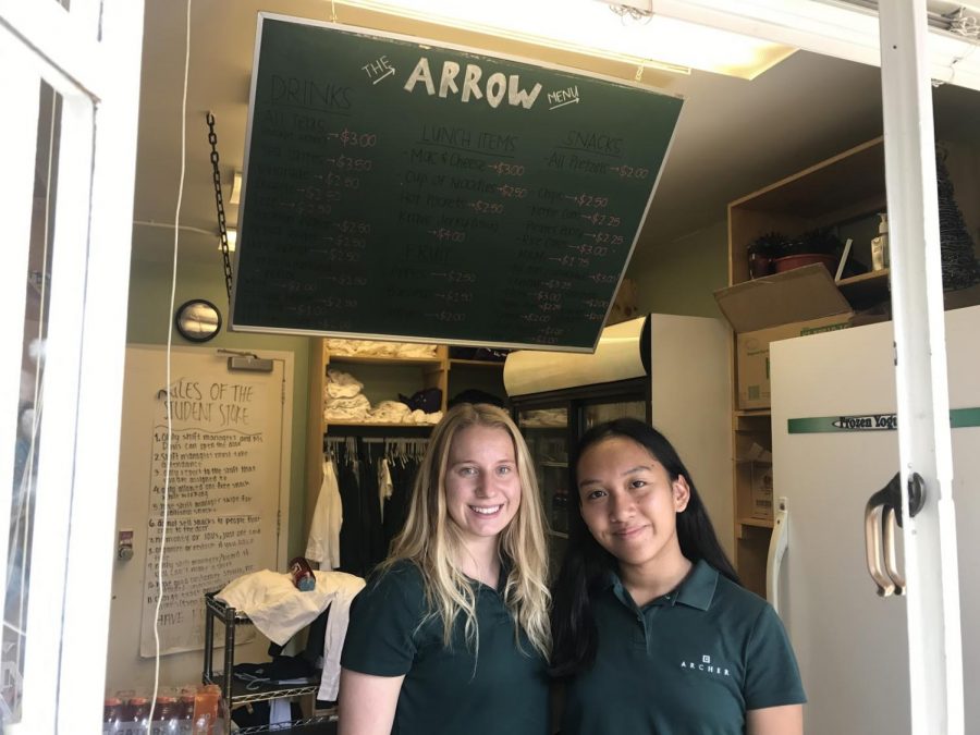 Claire Bardin ‘18 and Cat Oriel ‘18 work at The Arrow during X-Block. They help girls purchase snacks with their One Cards and organize the stores food. 