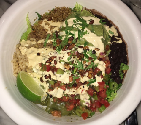 The Mucho bowl I ordered, which includes grains, black beans, vegan cheese, guacamole and pico de gallo. The bowl is 100 percent vegan.