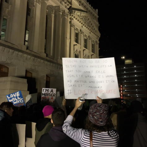 Protestors gather in front of the Indiana State Capitol on Nov. 12, 2016 — immediately following the election of Donald Trump. Almost a year later, the country is more divided than ever and unity among all is needed to prevent further tragedy.
