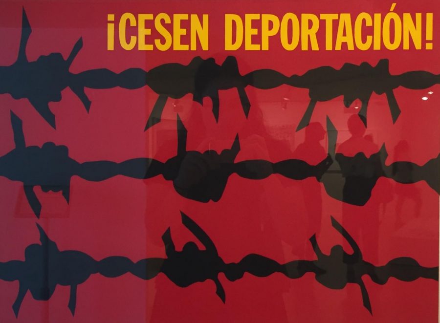 Silkscreen painting by Rupert Garcia featured in the exhibit. This work was created in 1941 to convey the pain of deportation. 