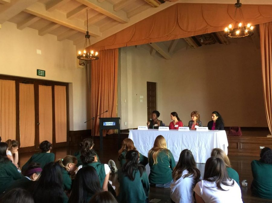 The religious panel, including Amy Bernstein, Matilda Buck, Terri McCaskill and Tasneem Noor, presents to the freshman class. Each woman discussed a different religion: Judaism, Buddhism, Christianity and Islam.