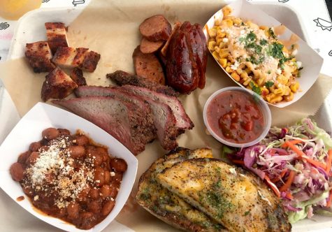 The Stoked! platter from Stoked! California BBQ features three different kind of meat, corn, beans and bread. The platter can be purchased for $20.