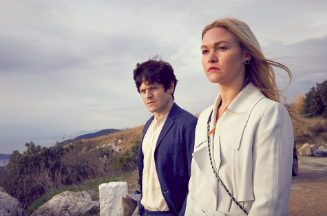 A still from the first season of Riviera, which tells the story of Georgina Clios (right), portrayed by Julia Stiles, a newlywed whose husband dies in an explosion aboard a yacht with a Russian oligarch. Iwan Rheon (left) portrays Adam, her resentful stepson. Image source: 
Sundance 