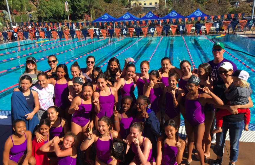 The middle school swim team celebrates after placing first Pacific basin League championship. The Panthers defeated rival Crossroads School. 