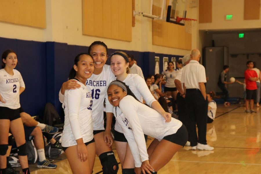 Seniors Cat Oriel, Danielle Roberts, Alex Feldman and Cydney Davis pose for a picture before the game. Archer played against Pacifica Christian and won 3-1. 
