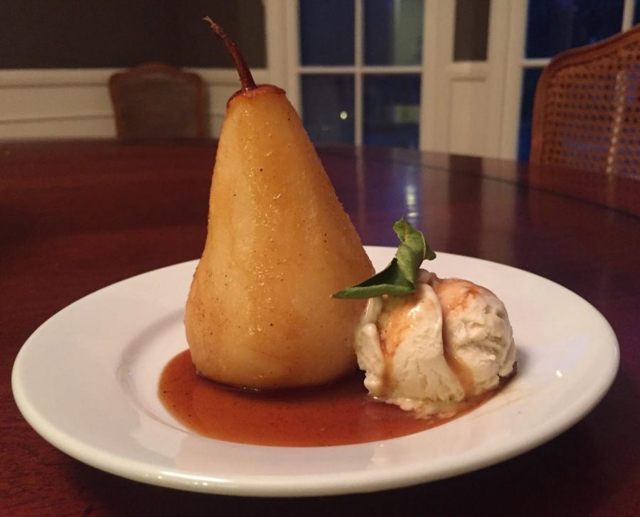 The specks of vanilla bean are visible from this view of the poached pear.