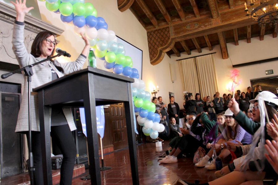 Head of School Elizabeth English cheers while delivering her speech during the Groundbreaking Ceremony. The ceremony was postponed until after Winter Break due to the Skirball Fire.