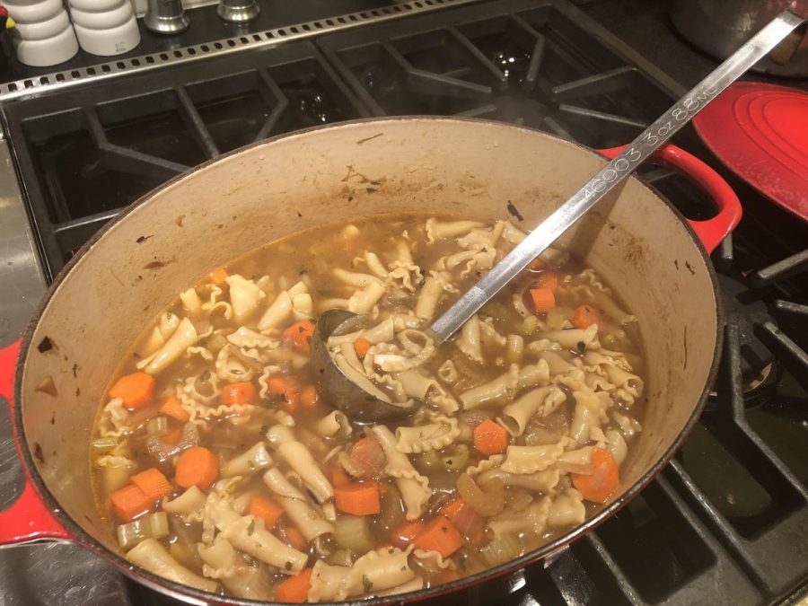 The finished vegetable soup is brimming with carrots, celery and pasta.  This variety of noodle is called Campanelle or Gigli, which is the most adorable pasta name in the world.