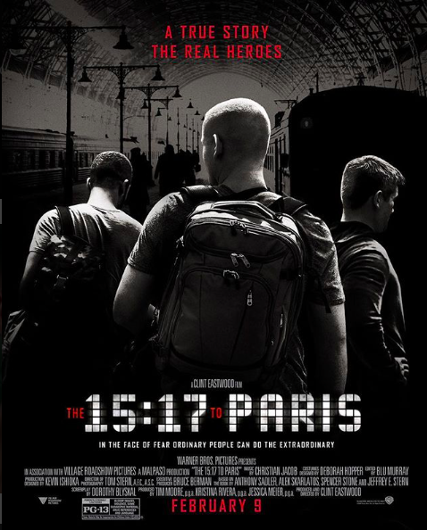 The official poster for The 15:17 to Paris, featuring Spencer Stone, Anthony Sadler and Alek Skarlatos. The film was directed by Clint Eastwood. Image source: The 15:17 to Paris official Instagram. 