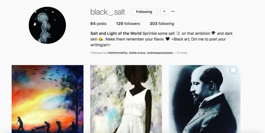 The Instagram page for Jones's account, @black._.salt. The account features different works of art as well as quotes and poems, all centered around  the creativity of people of color. Image source: 
<a href=