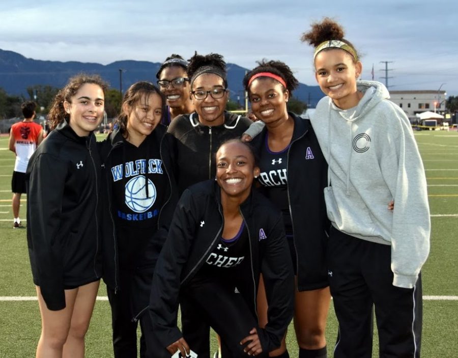 Ariel Heimanson 21, Caitlin Chen 19, Dominique White 18, Nadia Charles 21, Mac Williams 19, Kaiya Jefferson 21 and Hailey Adams 20 pose for a picture at a meet earlier this season. Adams and Nia Mosby 20 participated in the Stanford Invitational on March 31. Image courtesy of Marlee Rice.