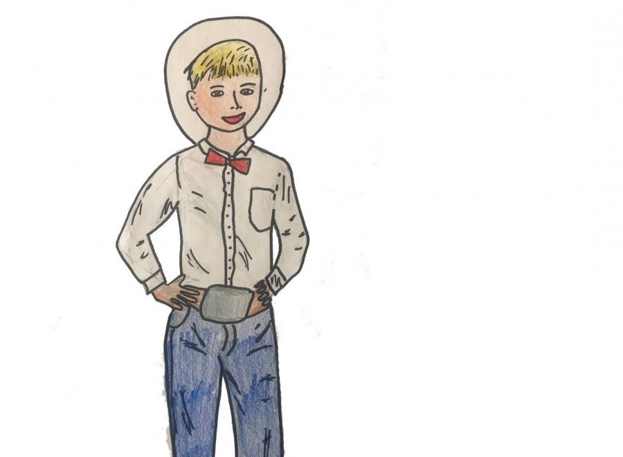 An illustration of Mason Ramsey, known as the Yodeling Walmart Kid, wearing his iconic white button-down shirt, red bow-tie, cowboy hat and boots. Ramsey became famous after a video of him singing Lovesick Blues in his local Walmart went viral. Illustration by Saskia Wong-Smith 18.